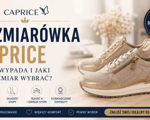 Złote sneakersy Caprice. Tabela rozmiarów pomoże dobrać idealny rozmiar, np. rozmiar 42 5 ile to cm, dla większego komfortu.