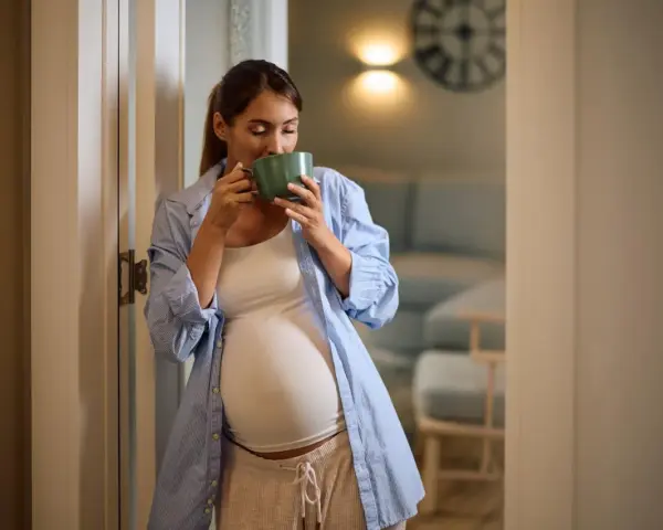 Schwangere Frau trinkt eine Tasse schwarztee. Sie steht in einem gemütlichen Raum.
