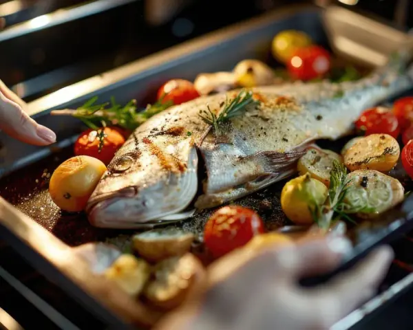 Un delicioso pargo al horno con tomates cherry, patatas y romero, listo para ser servido.