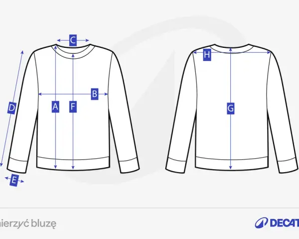 Ilustracja z wymiarami bluzy z przodu i z tyłu, z oznaczeniami literowymi.