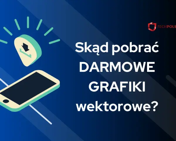 Telefon z ikoną pobierania i tekst: "Skąd pobrać DARMOWE GRAFIKI wektorowe?".