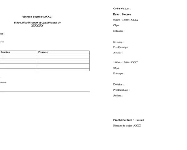 Modèle de compte rendu de réunion pour un projet, incluant l'ordre du jour, les participants, les échanges, les décisions et les actions à mener.
