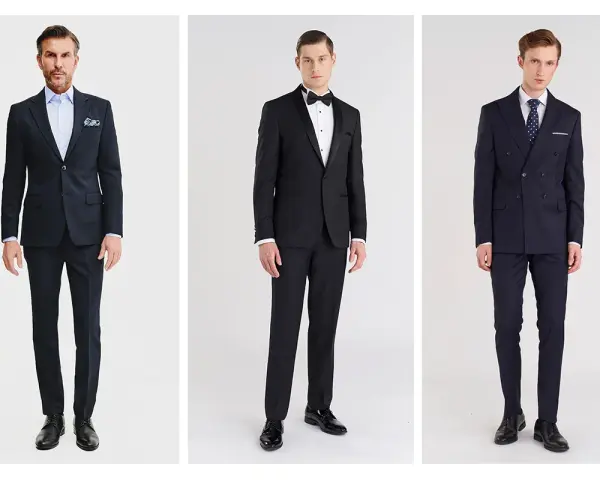 Trzech mężczyzn prezentuje eleganckie pan młody stylizacje: klasyczny granatowy garnitur, czarny smoking i dwurzędowy garnitur w kratę.