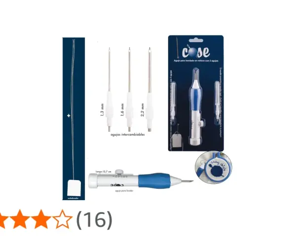 Kit de aguja de bordar a mano con 3 agujas intercambiables de diferentes grosores (1,3 mm, 1,6 mm, 2,2 mm) y enhebrador.