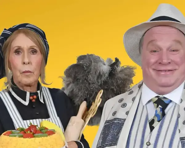 En kvinna i städkläder med en tårta och en man i hatt och kostym, som om de vore karaktärer från en lusthus ritning.
