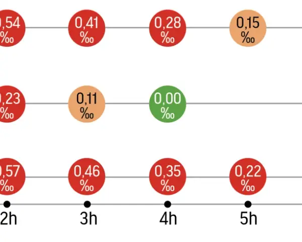 Wykres pokazuje, po jakim czasie alkohol znika z krwi po spożyciu różnych ilości. Po 7 godzinach stężenie alkoholu we krwi spada do 0,00‰.