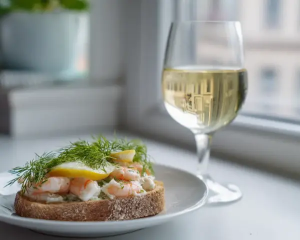 En smörgås med räkor och dill, perfekt med ett glas vitt vin till skaldjur.