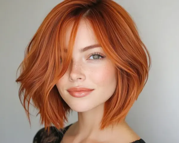 Mujer con melenas cortas con volumen, teñidas de un vibrante color cobrizo, con pecas y labios brillantes.
