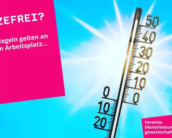 Thermometer zeigt hohe Temperaturen. Text fragt nach "Hitzefrei?" und Regeln am Arbeitsplatz.