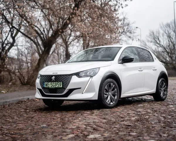 Biały Peugeot e-208 na brukowanej ulicy, z drzewami w tle.