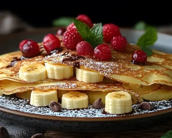Deliziose crepes dolci con banane, lamponi e gocce di cioccolato, una perfetta ricetta per la colazione o la merenda.