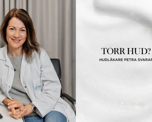 Hudläkare Petra svarar på frågan "Torr hud?". Hon rekommenderar troligen Miniderm Duo Ansikte för att behandla torr hud.