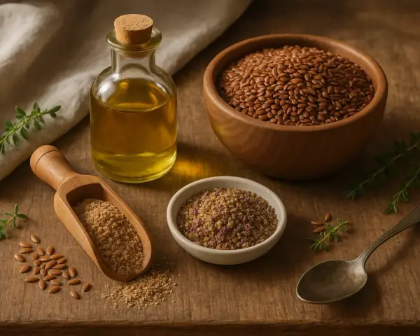Olio di lino cotto o crudo, semi interi, macinati e in polvere, disposti su un tavolo di legno con erbe aromatiche.