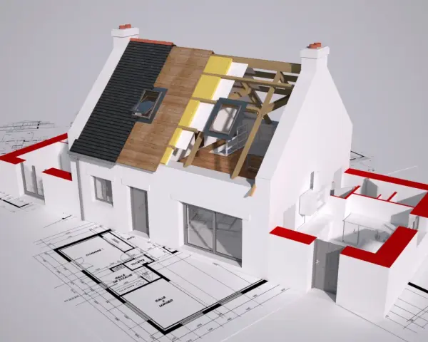 Model domu w przekroju, ukazujący warstwy izolacji dachu i plany architektoniczne. Wizualizacja postępu prac nad termomodernizacją budynku.