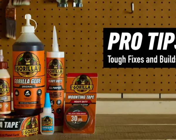 A collection of Gorilla Glue products, including wood glue, original glue, heavy duty construction adhesive, super glue, mounting tape, and black tape, displayed as a guide for tough fixes.