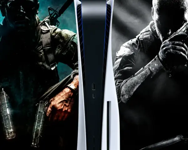 Soldados listos para la acción en Call of Duty Black Ops 2, con una PlayStation 5 en el centro.