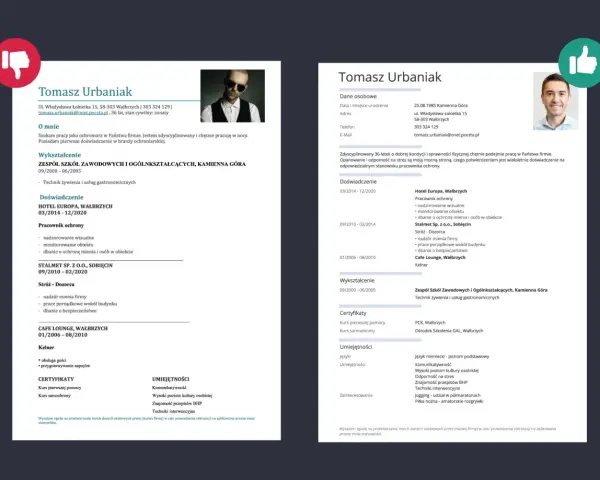 CV Tomasza Urbaniaka: doświadczenie jako pracownik ochrony, kelner, wykształcenie gastronomiczne. Umiejętności: komunikatywność, BHP, techniki interwencyjne.