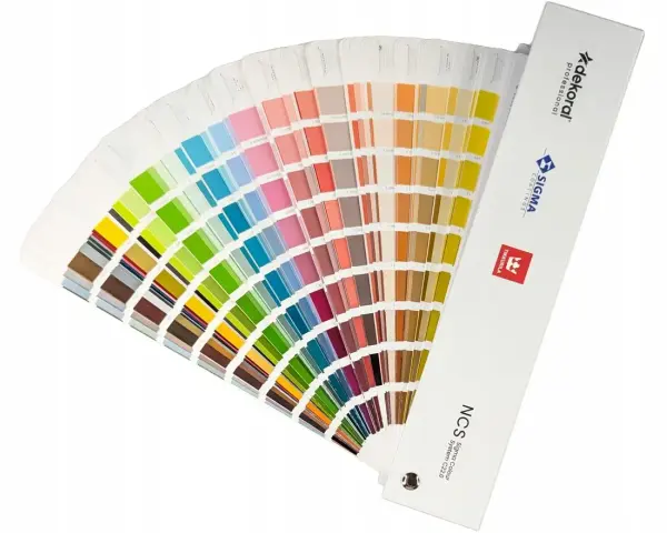Otwarta paleta kolorów, prezentująca szeroki wachlarz odcieni zieleni, błękitów, różów i brązów. Każdy pasek to próbka koloru pantone, idealna do wyboru idealnego odcienia.