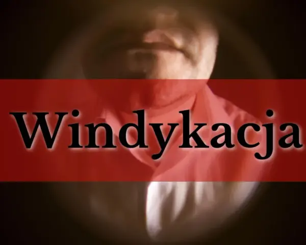 Mężczyzna w koszuli, na czerwonym tle napis "Windykacja". cdri windykacja.