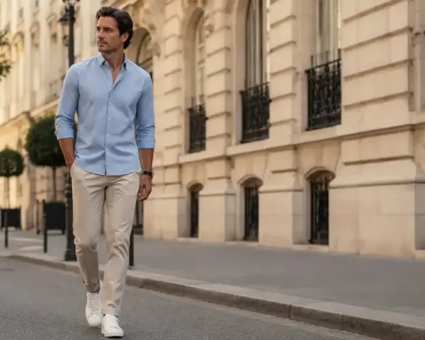 Hombre con camisa azul y pantalón beige camina por una calle parisina.