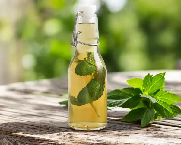 Une bouteille de sirop de menthe maison, avec des feuilles de menthe fraîche à côté, sur une table en bois.