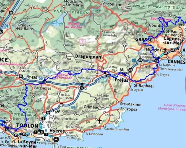 Carte routière de la région PACA, avec les autoroutes A8, E80 et des routes nationales. La gr 51 est visible.