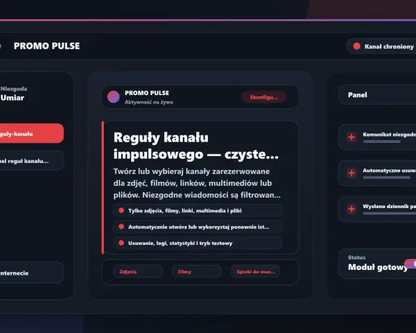 Interfejs przypomina Discorda, pokazując panel zarządzania kanałem "PROMO PULSE" z opcjami konfiguracji, regułami i statusem.