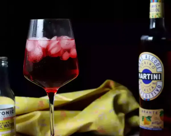 Orzeźwiający martini z tonikiem, z lodem i owocowym akcentem, obok butelki toniku i butelki Martini.