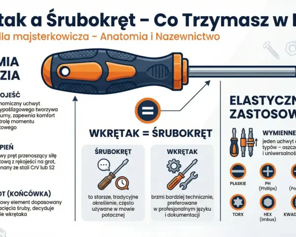 Ilustracja wyjaśnia różnicę między wkrętakiem a śrubokrętem, pokazując ich budowę i zastosowanie.