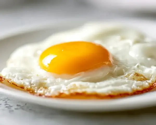 Un œuf au plat parfait, cuit à la perfection dans l'air fryer, avec un jaune d'or éclatant sur un lit de blanc d'œuf aérien.