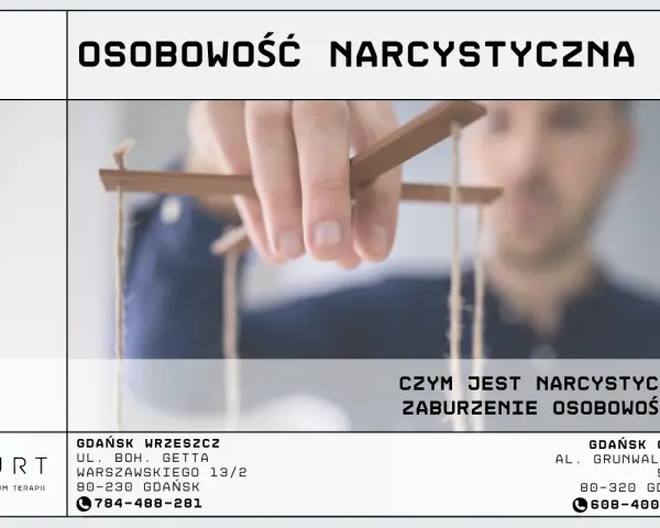 Dłoń trzyma sznurki marionetki, symbolizując kontrolę i zaburzenie osobowości.