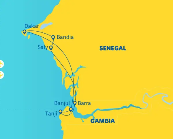 Mapa podróży po Senegalu i Gambii, Afryka Zachodnia. Trasa obejmuje Dakar, Saly, Bandię, Tanji, Banjul i Barrę.