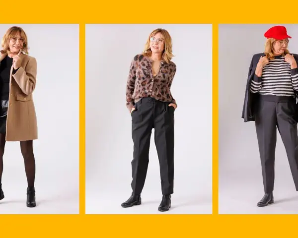 Elegancka kobieta po 60. prezentuje trzy stylizacje: w płaszczu i spódnicy, w swetrze w panterkę i spodniach, oraz w marynarce, bluzce w paski i spodniach.