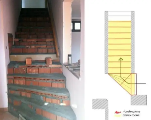 Fase di lavoro per modificare una scala interna in muratura, con mattoni a vista e progetto schematico.