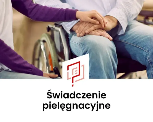 Dłonie młodej osoby obejmują dłonie starszego mężczyzny na wózku. Temat: ile wynosi świadczenie pielęgnacyjne.