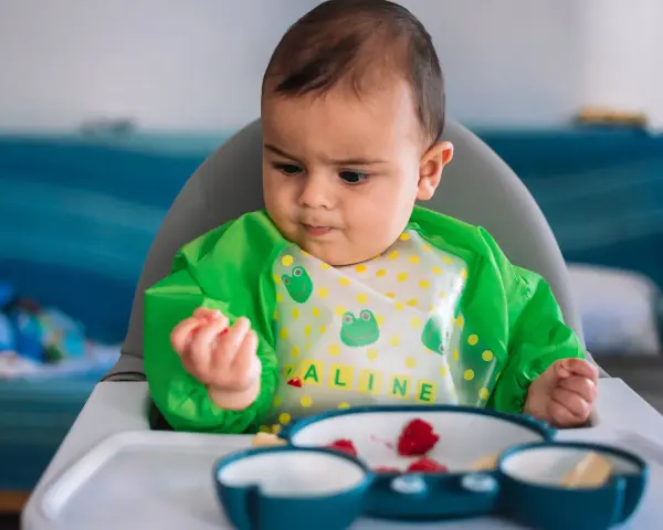 Bebé con babero verde, aprendiendo a comer con las manos. En su plato hay trozos de fruta.