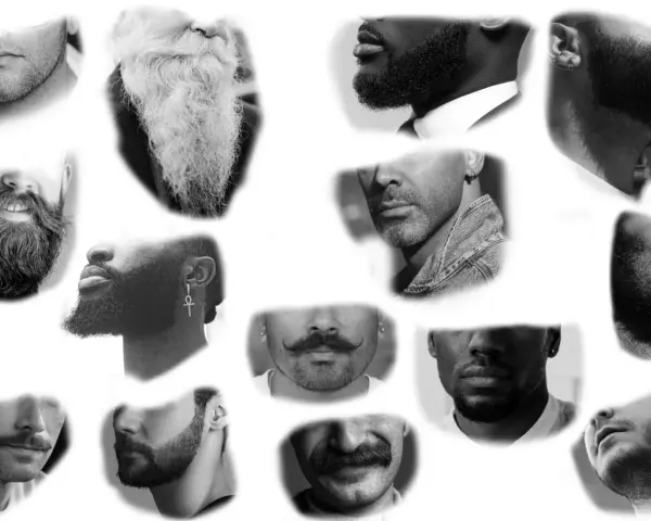 Collage de visages masculins, mettant en avant divers styles de barbe et moustaches. Un véritable catalogue de barbe dessinée.