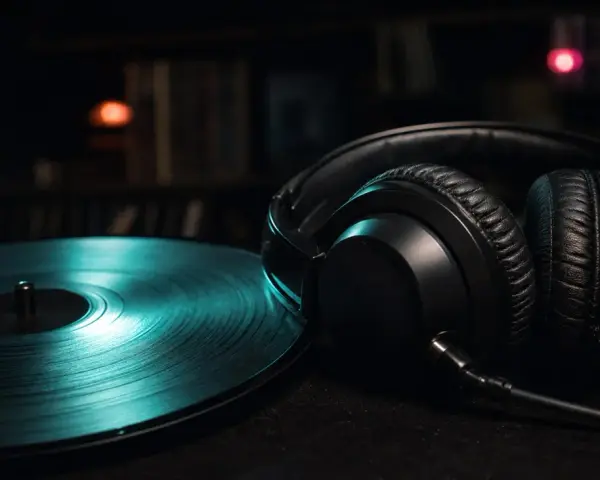 Schwarze Kopfhörer neben einer Vinylplatte, ideal für indie musik beispiele. Im Hintergrund Regale voller Platten.