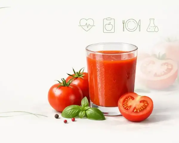 Szklanka soku pomidorowego, pomidory i bazylia. Czy sok pomidorowy jest zdrowy? Ikony symbolizujące zdrowie i dietę.