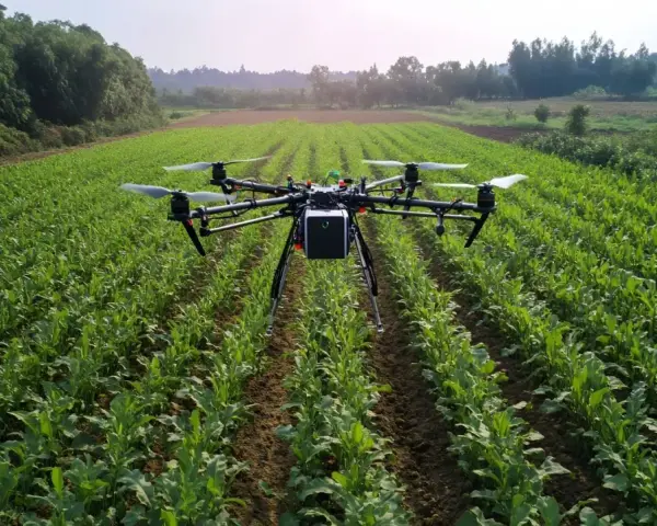 A drone hovers over a lush green field, a silent guardian agriculture, monitoring crops.