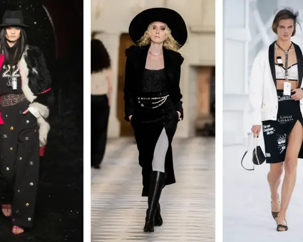 Moda Coco Chanel: tre modelle sfilano con abiti iconici. Pelliccia, cappelli e perle definiscono lo stile.