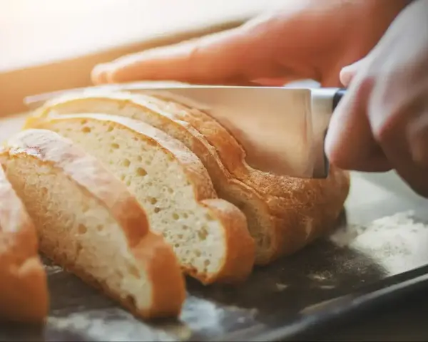 Ręce kroją świeży chleb na kromki. Dowiedz się, jak odświeżyć chleb, by był jak nowy.