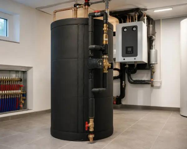 Duży, czarny bufor ciepła w kotłowni, obok białego zasobnika i kotła. Widać instalację hydrauliczną.