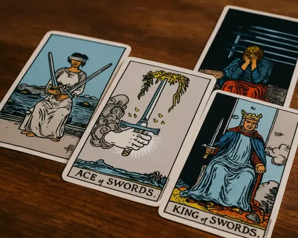 Cartas de tarot: el Rey de Espadas, el As de Espadas y el 9 de espadas, con una figura afligida al fondo.