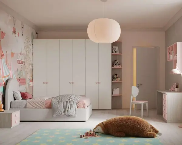 Camere ragazze moderne con letto, armadio bianco, scrivania rosa e un simpatico orso di peluche sul tappeto.