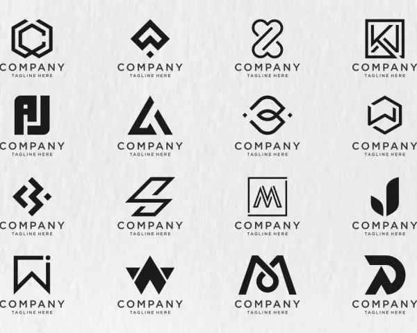 Kolekcja nowoczesnych logotypów, które pokazują, czym jest monogram. Znaki graficzne dla firm, od prostych liter po złożone symbole.