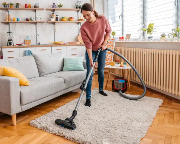 A woman vacuums a fluffy rug, demonstrating how to clean a rug for a fresh, tidy living room.