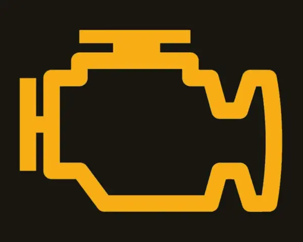 Gelbes Symbol eines Motors auf schwarzem Hintergrund. So sieht die Motorkontrollleuchte aus, wenn etwas mit dem Antrieb nicht stimmt.