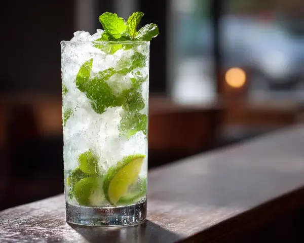 Ett glas med is, mynta och lime, perfekt för ett uppfriskande mojito recept.