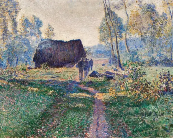 Un chemin ensoleillé mène à une chaumière, sous le regard d'un peintre impressionniste. Des silhouettes se promènent dans un paysage lumineux.